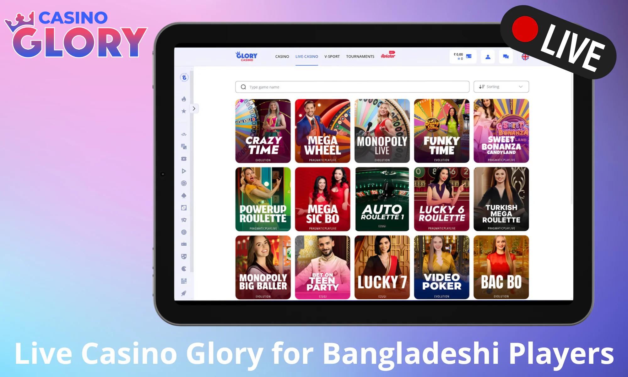 Glory Casino Real-time casino games with live dealers